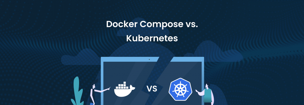 Docker vs Kubernetes logo comparison with containers and clusters