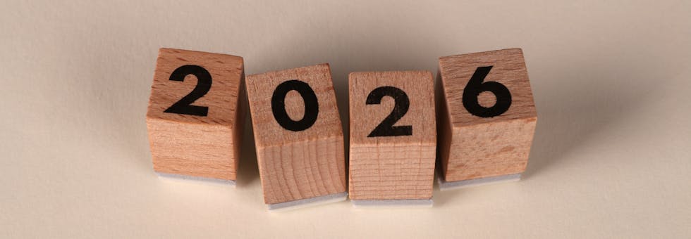 Wooden cubes forming the year 2026 on a neutral background.